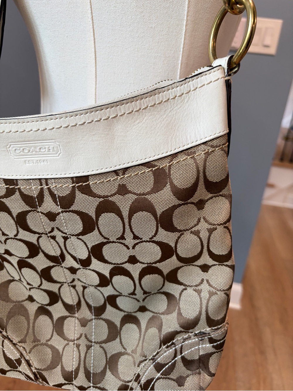 Coach Legacy Signature Hobo 10403 Khaki Jacquard Ivory Leather Shoulder Bag - Picture 6 of 11